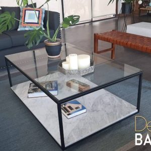 MESA DE CENTRO CON CUBIERTA DE MARMOL Y VIDRIO C-0937