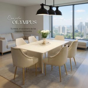 •MESA DE COMEDOR OLYMPUS CUARZO + SILLAS ROMA